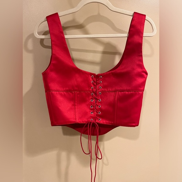 Danielle Guizio Satin Red Lace Up Bustier Corset - Picture 11 of 13